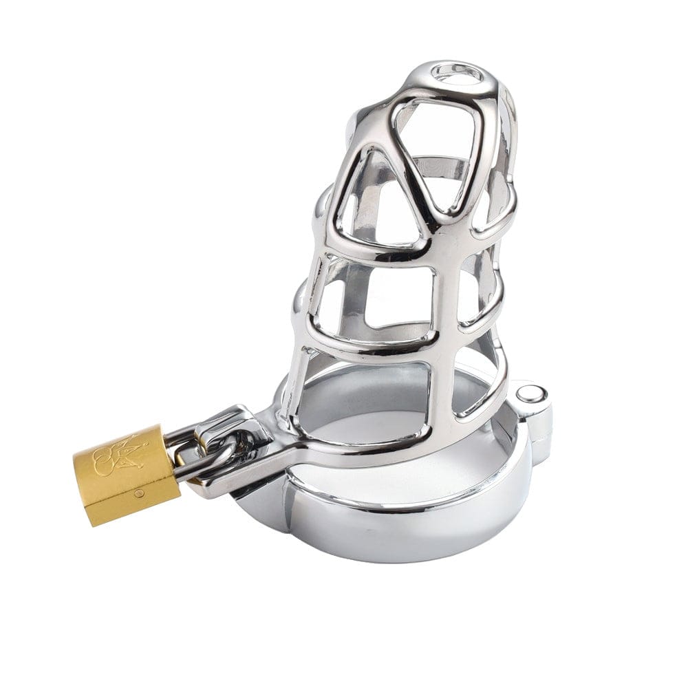 A visual representation of the high-quality stainless steel material and sleek texture of the male chastity cage.