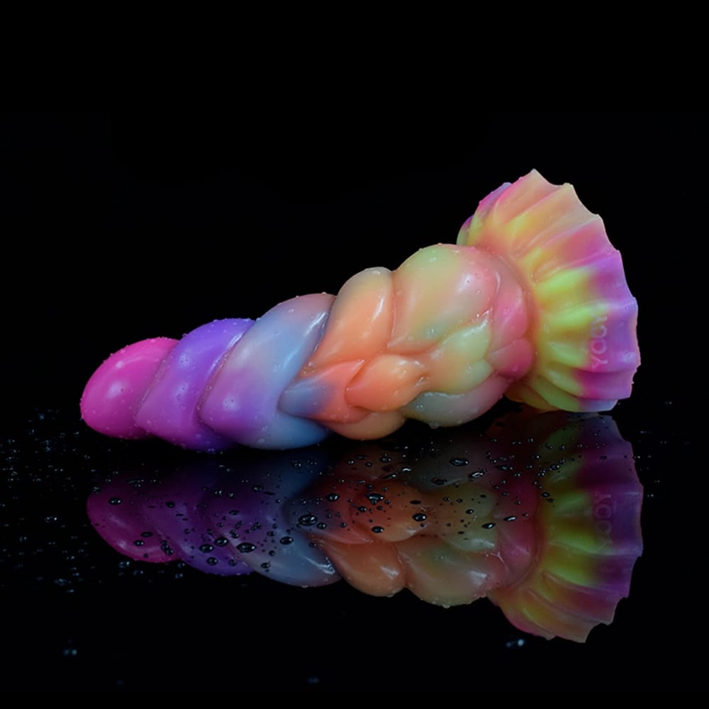 Ribbed Glowing Light Silicone Dragon Dildo with Suction Cup showing its soft, jelly-like texture pressing against every sensitive part.