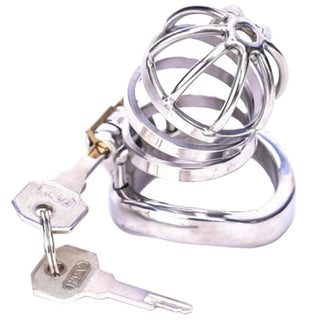 A silver metal cage with rings for optimal fit and pleasure.