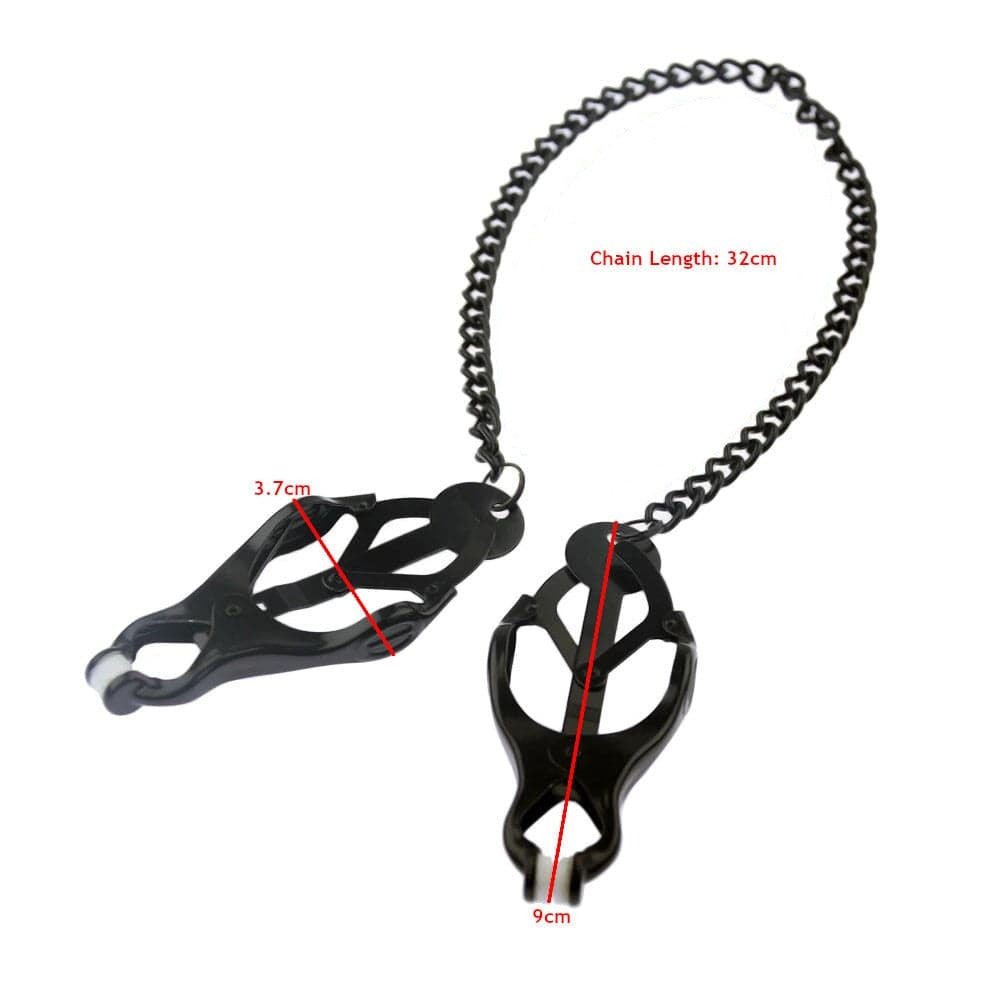 An image highlighting the sleek and durable construction of the Black Butterfly Nipple Clamps with Chain for long-lasting pleasure.