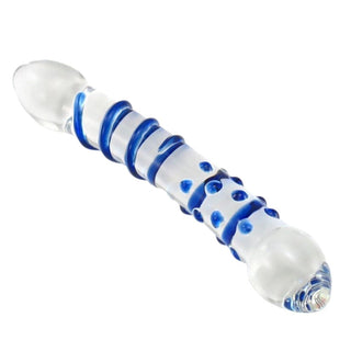 In the photograph, you can see an image of the Transparent and Blue Curved Crystal 7 Inch Glass Dildo for G-spot or P-spot stimulation.