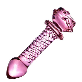 Pictured here is an image of Seductive Pink Glass 6.3 Inch Rose Dildo with a tapered head and spiral design for intense pleasure.