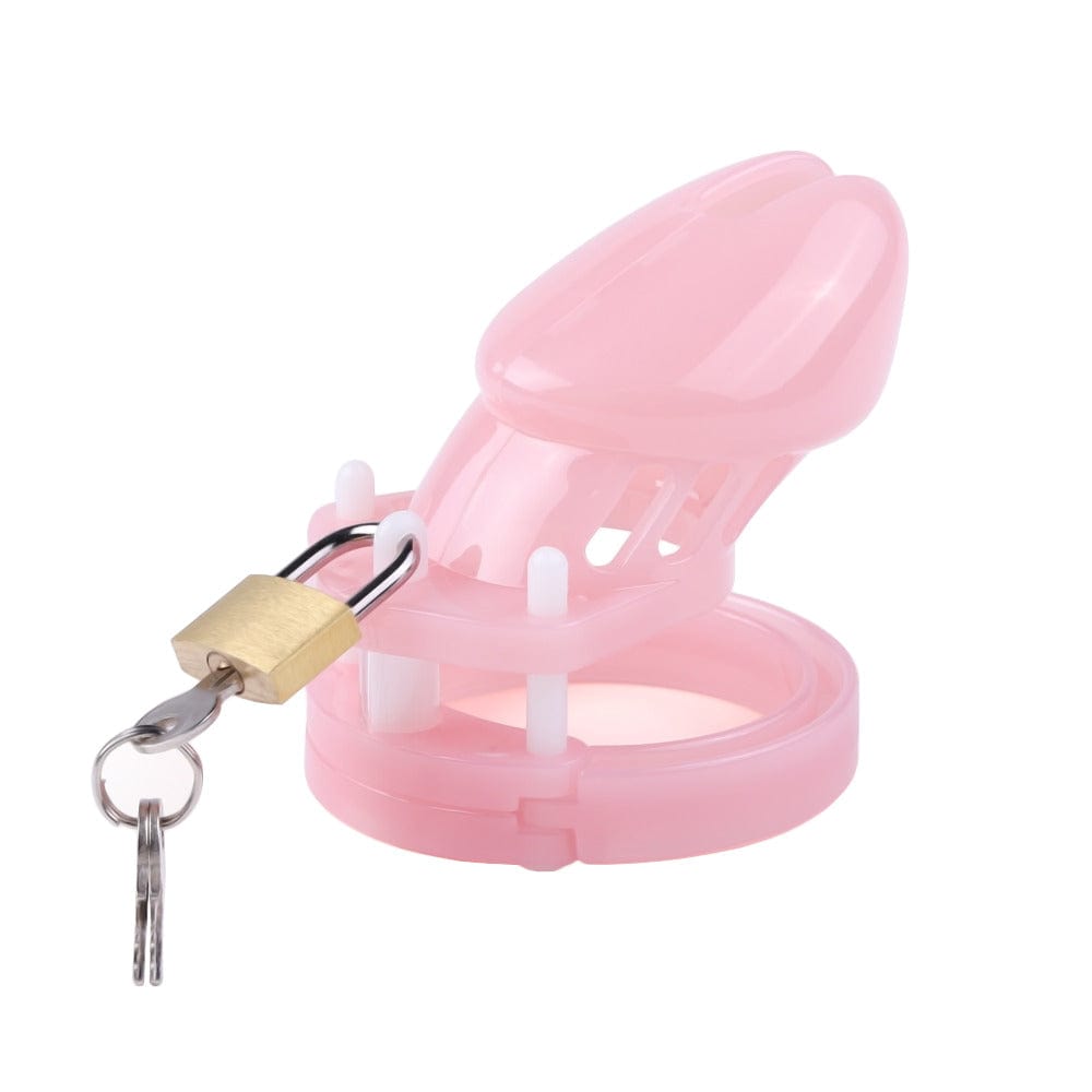 This is an image of Pink Silicone Sissy Cock Cage with adjustable locking pins and diverse cock rings.