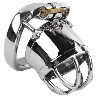 Metal cage for male chastity, compact design with dual options for control.
