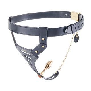 This is an image of SEVANDA Female Chastity Belt in black and gold colors, crafted from steel, leather, and zinc alloy.