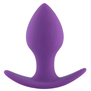 This is an image of a small pretty purple silicone beginner butt plug, 3.48 inches long.