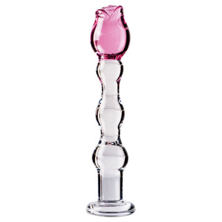 This is an image of Charming 7 Inch Glass Rose Dildo with rosebud tip and beaded shaft for pleasure.