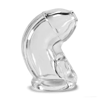 What you see is an image of Erection Correction Silicone Holy Trainer Chastity Cage in transparent color, showcasing its unique design and dimensions.