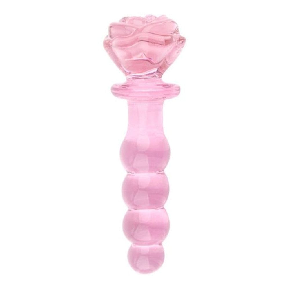 Check out an image of Pink Charming Beaded 6 Inch Glass Rose Dildo with beaded shaft and rose-shaped handle for better grip and control.