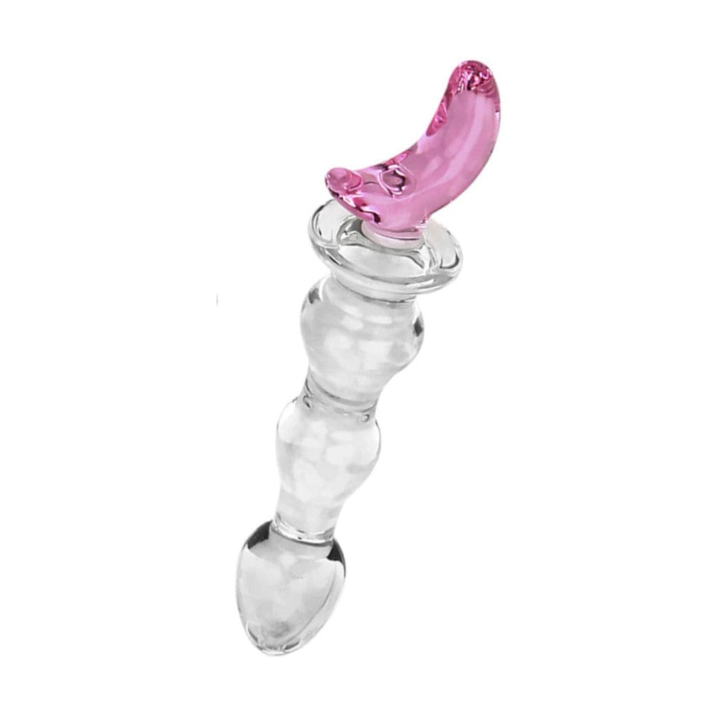 Observe an image of Crystal Pink Crescent Moon 8 Inch Glass Dildo specifications: transparent + pink glass material, 8.07 inches in length, and varying diameters for each bead.