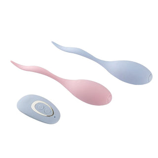 What you see is an image of Sperm-like Vibrating Kegel Balls 2pcs Set in pink and sky blue colors.