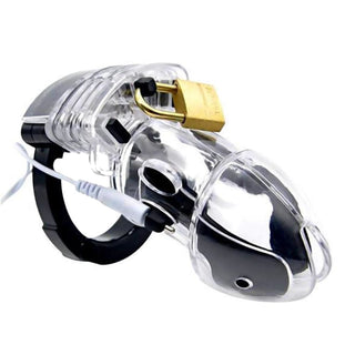 Feast your eyes on an image of the Cock Shocker Electric Chastity Cage in clear color
