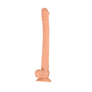 Take a look at an image of a flexible dildo resembling a real erect penis, extra long to satisfy deep and dark sexual desires, made of soft PVC material for easy bending and twisting.