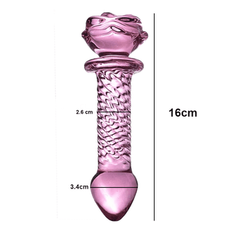 A visually appealing image of Seductive Pink Glass 6.3 Inch Rose Dildo with a rose-shaped handle for a comfortable grip and stylish look.