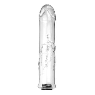 Featuring an image of a refillable hollow glass dildo made from Pyrex glass for intense sensual play.
