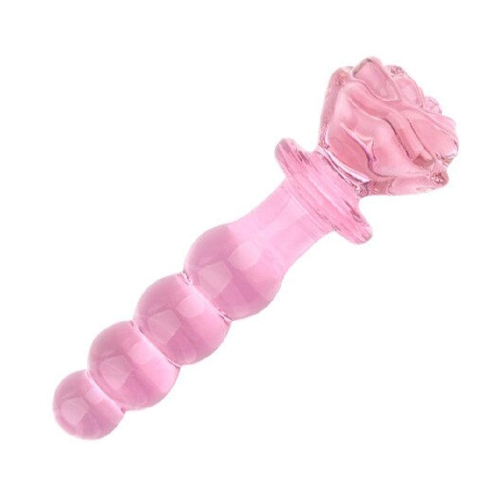 A picture of Pink Charming Beaded 6 Inch Glass Rose Dildo featuring a flared base for versatile vaginal and anal stimulation.