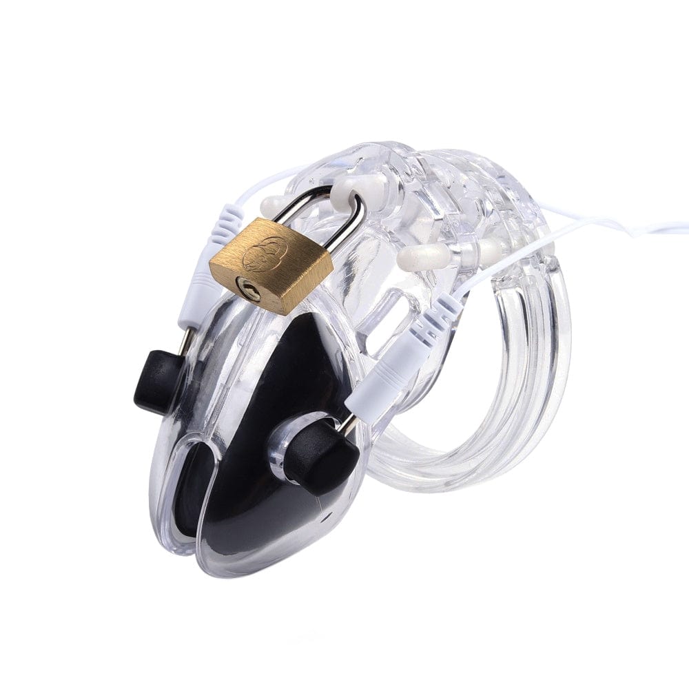 Observe an image of the Electro Cock Chastity Shock Device made from high-quality plastic, easy to clean and maintain for hygiene and longevity.