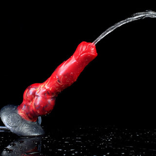 View the Hellfire 7.3 Inch Cumming Dog Huge Monster Toy with pump and syringe for realistic ejaculation simulation.