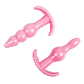 This is an image of a pink silicone anal sex toy set with unique shapes and sizes.