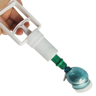 Bigger Balls Testicle Enlarger Vacuum Pump with suction cup dimensions of 1.77 x 1.50 inches (4.5 x 3.8 cm) and depth of 1.54 inches (3.9 cm).