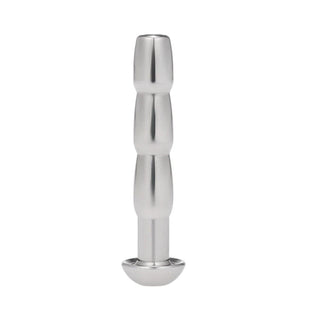 Image of ribbed stainless urethral dilator penis plug in silver color with 9mm diameter