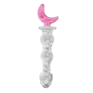 In the photograph, you can see an image of Crystal Pink Crescent Moon 8 Inch Glass Dildo with three waves for titillating fun.