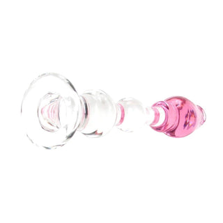 A transparent Glass Dildo with pink rosebud tip, designed for G-spot or P-spot massage and waves of pleasure.