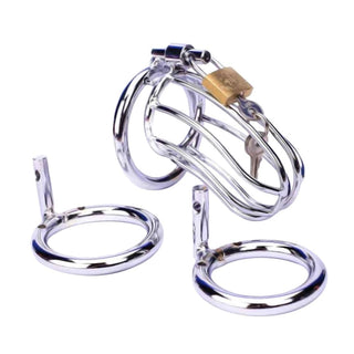 This is an image of Lockingbird Metal Device, a stainless steel cage for chastity play with three rings for comfort and customization.