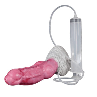 A detailed image of the 8.3 inch large silicone squirting knotted dog dildo specifications including insertable length and diameter.