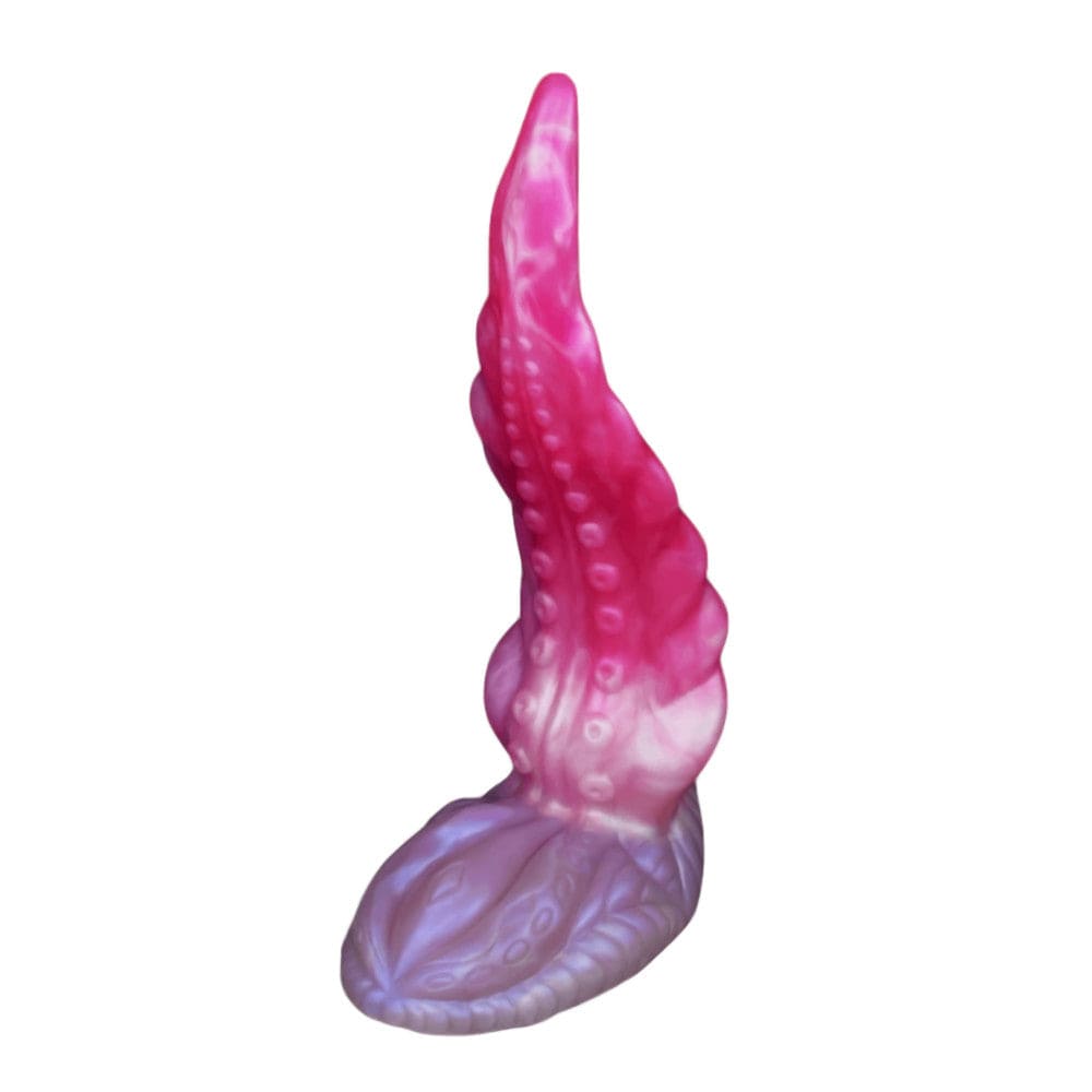 Picture of a silicone monster dildo with ridges, bumps, and a huge tantalizing shape, perfect for exploring forbidden pleasures.