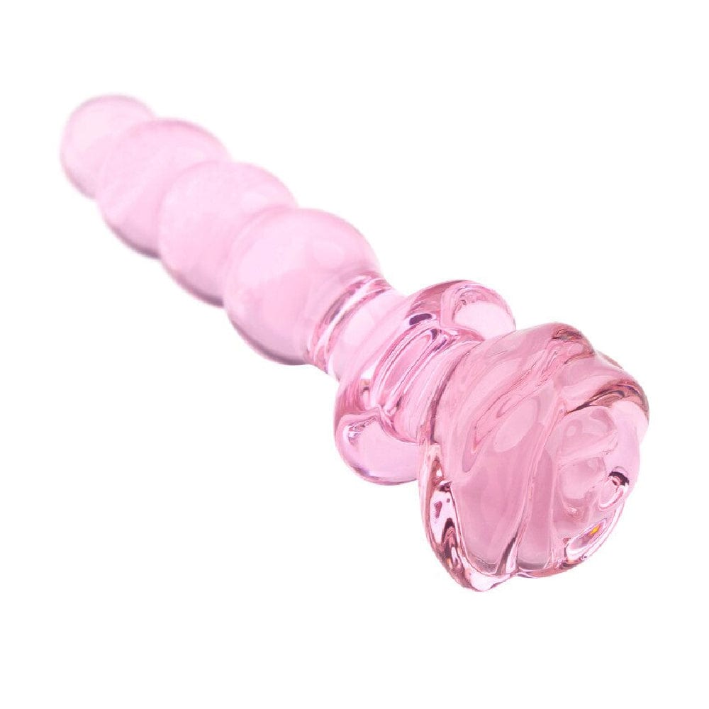 This is an image of Pink Charming Beaded 6 Inch Glass Rose Dildo made of quality glass, durable for temperature play, and safe for internal use.