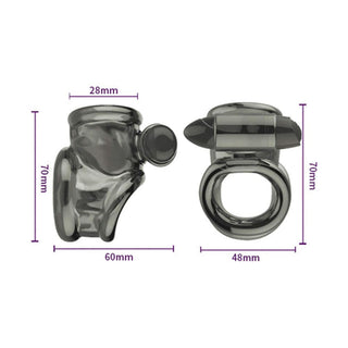 Featuring an image of Maintained Erection Vibrating Cock and Ball Ring specifications including dimensions and materials used.
