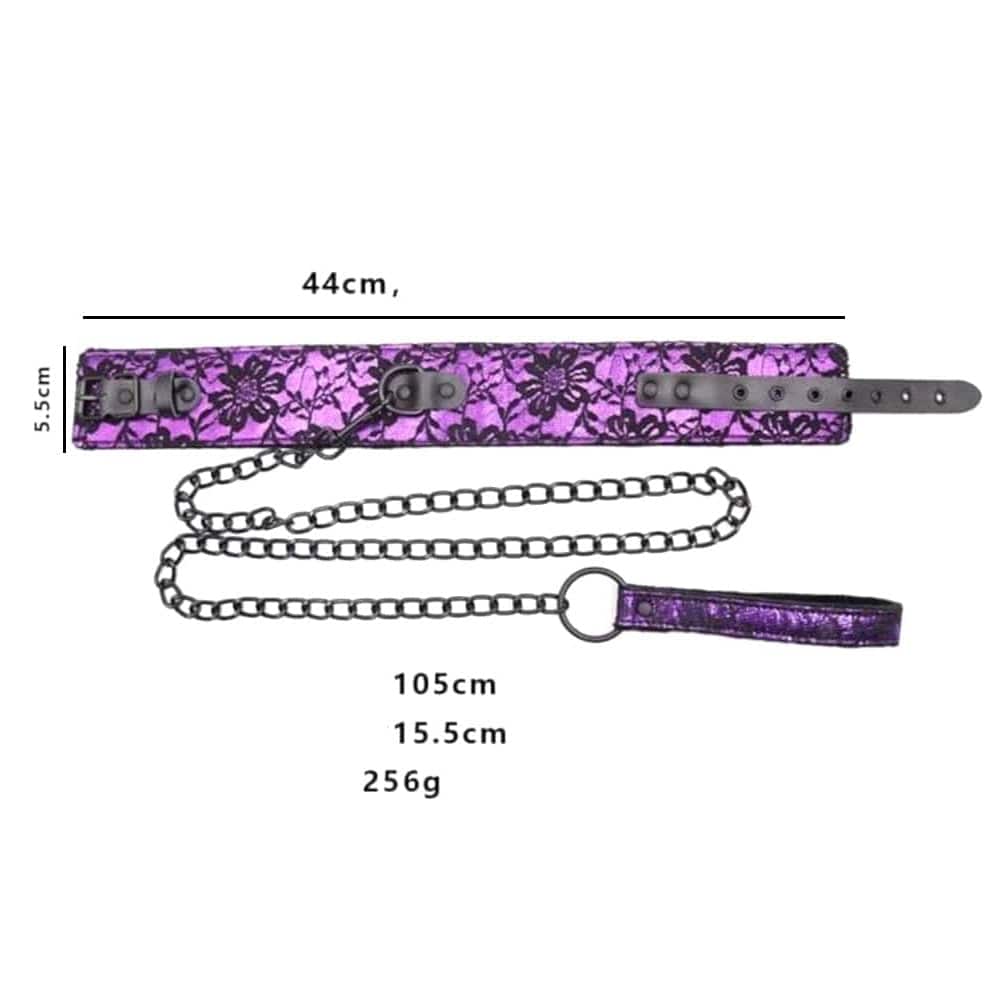 A picture of the Petplay Fetish Choker Purple Kink Collar And Leash set made from synthetic leather, offering durability and comfort, perfect for exploring dominance and submission fantasies.