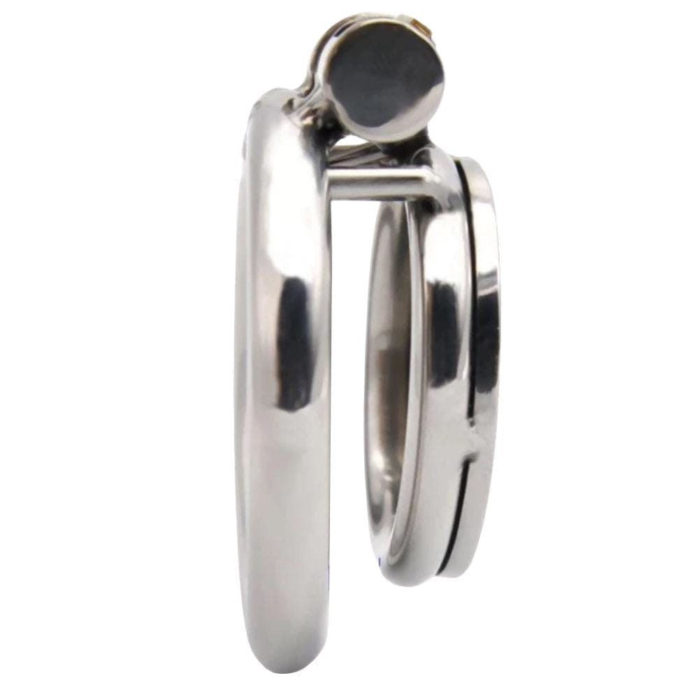Image of Flat Metal Male Inverted Chastity Cage - Compact device with three ring sizes for a perfect fit.