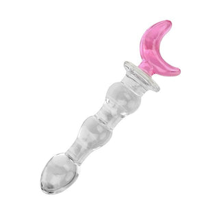 Check out an image of Crystal Pink Crescent Moon 8 Inch Glass Dildo handle adorned with a pretty light pink crescent moon.