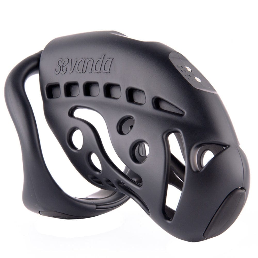 Sevanda Nautilus Shock Electric Silicone Chastity Device showing ABS resin material and black color.
