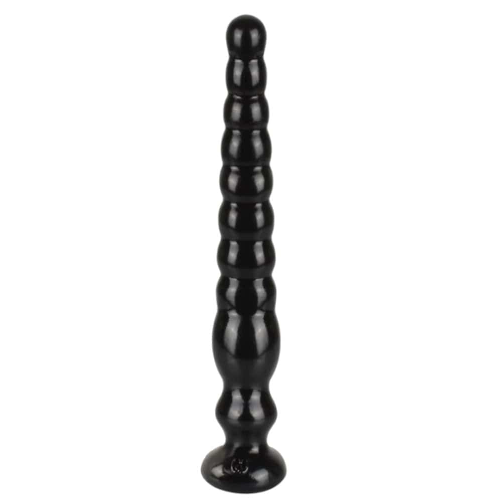 A picture of a TPE beaded dildo with varying bead sizes from 1 inch to slightly less than 2 inches.