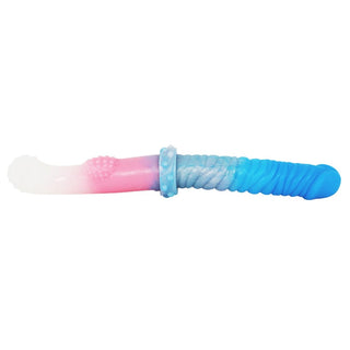 You are looking at an image of a pastel double-sided toy in vivid blue, soft pink, and pure white colors, made from medical-grade silicone.