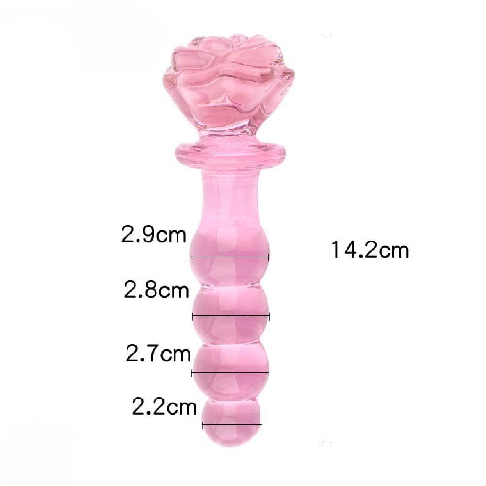 View of Pink Charming Beaded 6 Inch Glass Rose Dildo in elegant pink color with beads of different sizes for gradual sensation.
