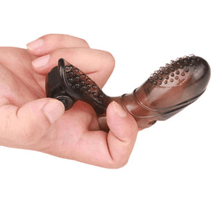 View Sensational Sleeve Latex Finger Vibrator specifications: color black, material latex, dimensions 3.07 inches (finger glove) and 1.85 inches (clit stimulator).