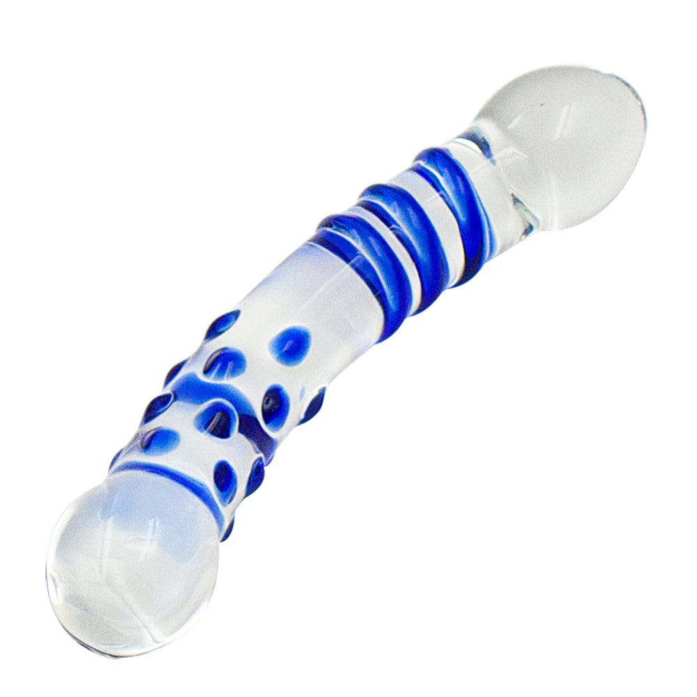 Curved Crystal 7 Inch Glass Dildo with ribbed and studded textures for enhanced pleasure.