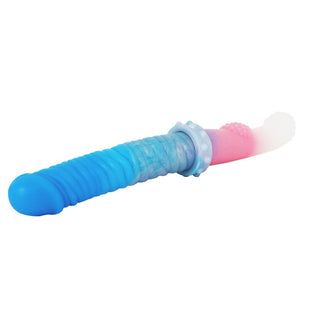 This is an image of a double-ended dildo with ribbed texture for g-spot, prostate, cervical, and anal stimulation.
