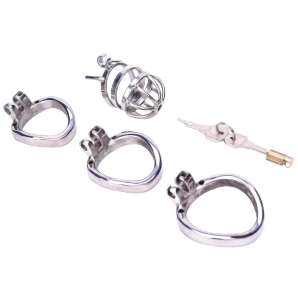Crafted stainless steel cage for submission play, with dimensions ensuring a snug fit.