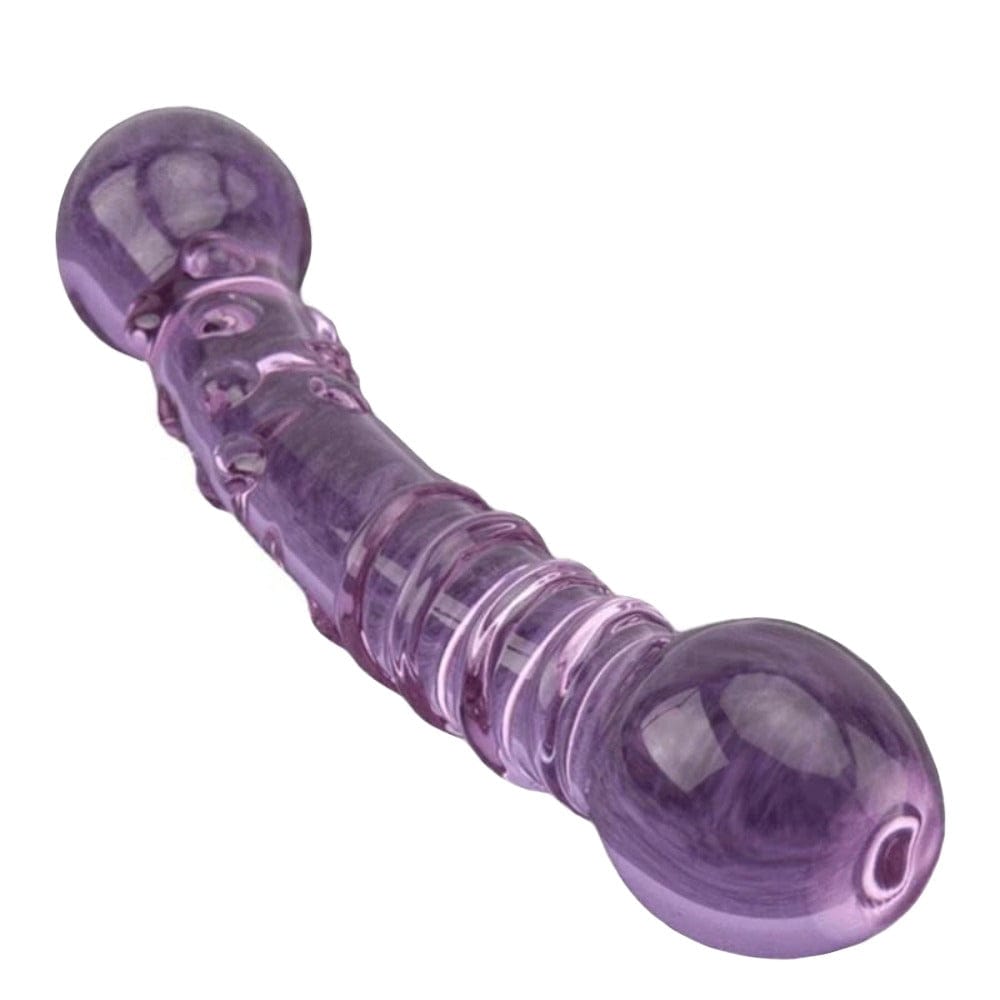 Feast your eyes on an image of Purple Double Ended Glass Dildo showcasing spirals and convex dots for enhanced pleasure.