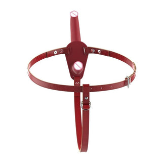Passionate Red Double Ended Dildo And Harness Set - Red silicone strap on with distinct dong sizes for mutual satisfaction.