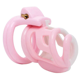 Pictured here is an image of Breathable Two-Toned Plastic Cage in Pink/White and Red/Black color options with 4 cock rings and a locking mechanism.