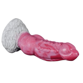 Featuring an image of Engorged Thick 8.3 Inch Large Silicone Squirting Knotted Dog Dildo in bright red color with a squeeze bulb and syringe pump.