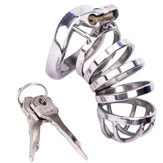 A chastity device made of high-quality stainless steel for durability.