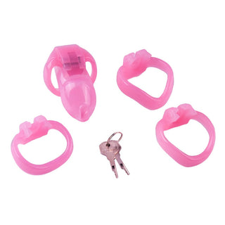 This is an image of the lightweight and secure plastic Sissy Pink Clit Flat Cock Cage Silicone Resin Holy Trainer V4 for a comfortable chastity experience.
