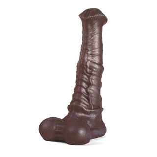 A visual representation of the Regal Chocolate Horse Dildo, complete with lifelike testicles and a strong suction cup for stability during hands-free adventures.